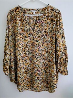 Maurices Yellow Floral Split-Neck Blouse